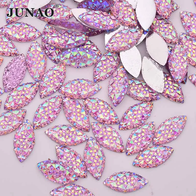 

JUNAO 7*15mm Light Purple AB Non Hot-Fix Horse Eye Rhinestones Applique Resin Crystal Stones Glue On Strass Gems For DIY Clothes