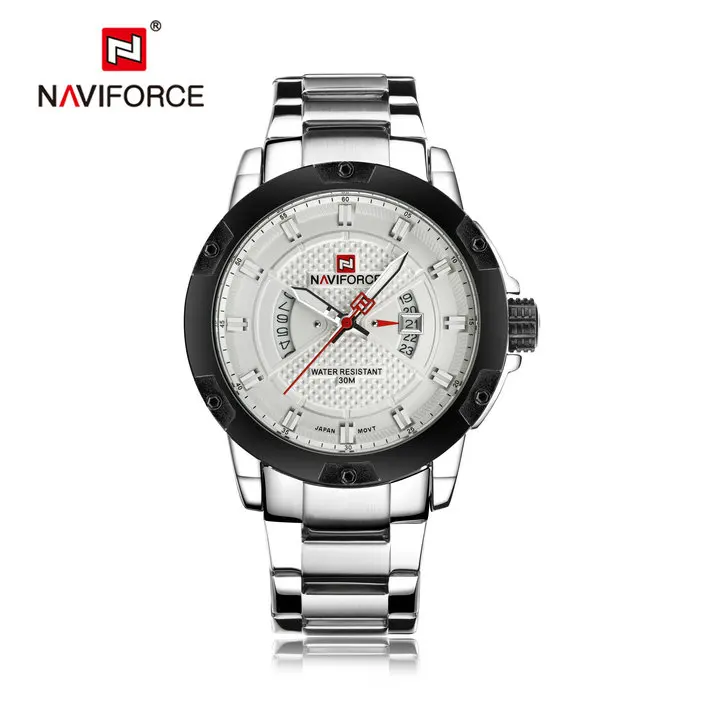 SILVER WHITE NAVIFORCE Роскошные брендовые Модные мужские золотые часы кварцевые часы с датой недели полностью из нержавеющей стали водонепроницаемые военные наручные часы - Цвет: SILVER WHITE