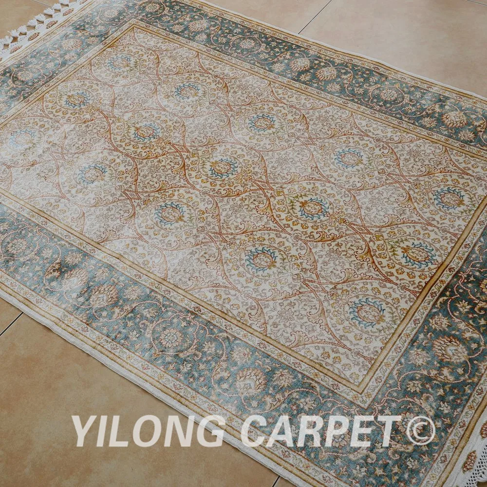 Yilong 3 5 'x 5' Восточная шелковая ковровая дорожка бежевая Изысканная маленькая