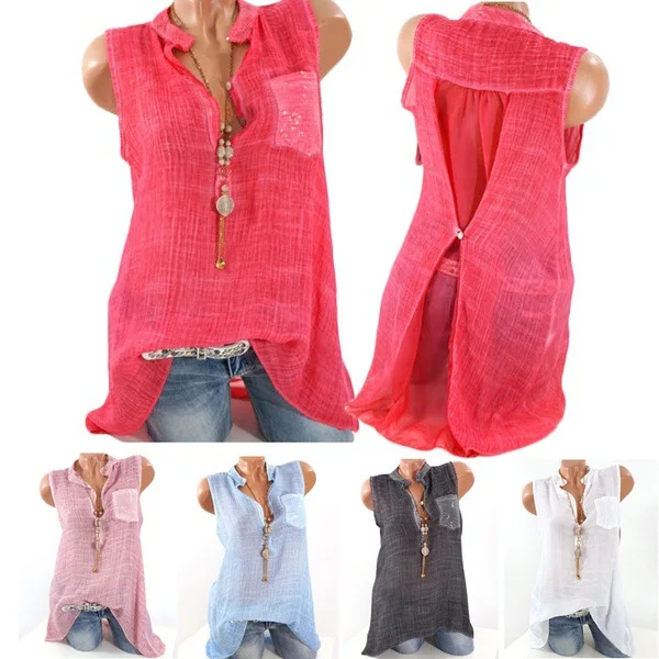 Summer Women Tops Shirts Femme Sexy Top Female V Neck Sleeveless Pocket Shirt Chiffon Clothing Blouses Plus Size 5XL 2018 |