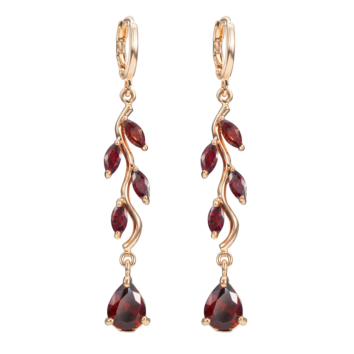 Модные длинные серьги подвески с листьями и кристаллами фианитами для