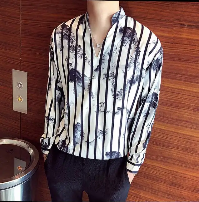 Удобные мужские хлопковые рубашки полосатые повседневные с принтом пуловер
