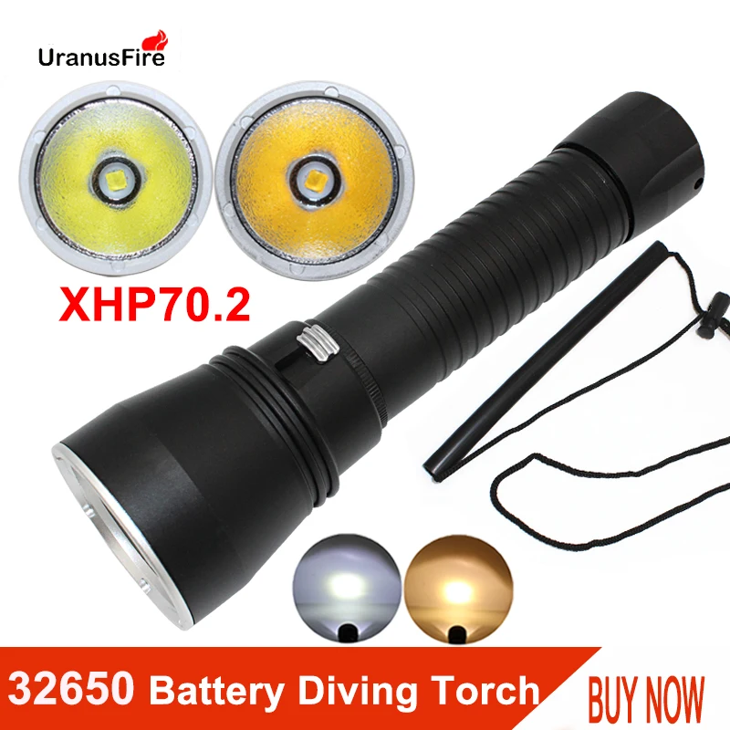 LED Diving Flashlight Powerful XHP70.2 Chip yellow/white Light 4000lm Torch Underwater 100m Waterproof Scuba Flashlights 32650