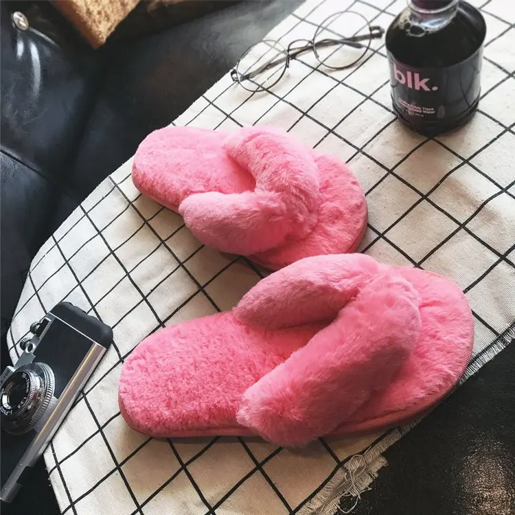 watermelon red Домашние тапочки; женские зимние Вьетнамки; Модные женские теплые шлепанцы с искусственным мехом; повседневные домашние пушистые шлепанцы; цвет розовый; большие размеры 36-41 - Цвет: watermelon red