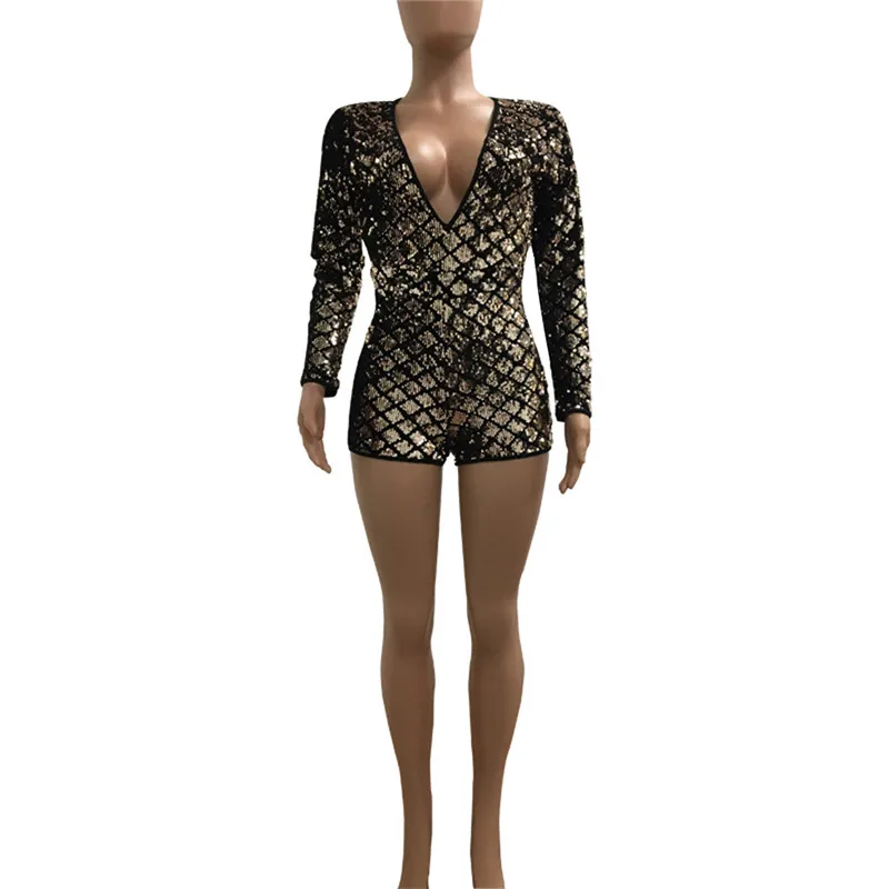 Женский комбинезон с длинным рукавом и открытой спиной блестящий глубоким v