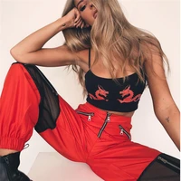 women red loose harem pants mesh patchwork trousers fashion 2019 female high waist sweatpants hip hop ladies pants