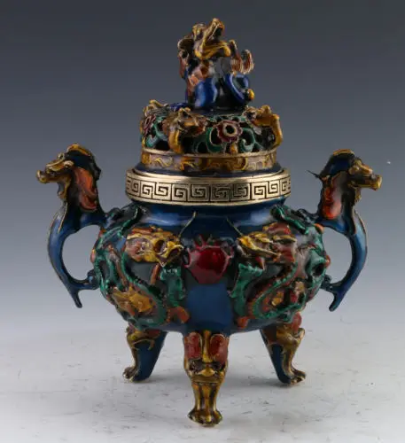 Редкие Cloisonne ручной работы Дракон благовония горелки и Foo крышка собаки w Xuande