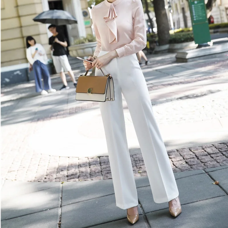 

Fashion White Wide Leg Pants Spring Fall Trendy Leggings Pants Female Trousers Capris Office Ladies Uniform Styles Business Wear