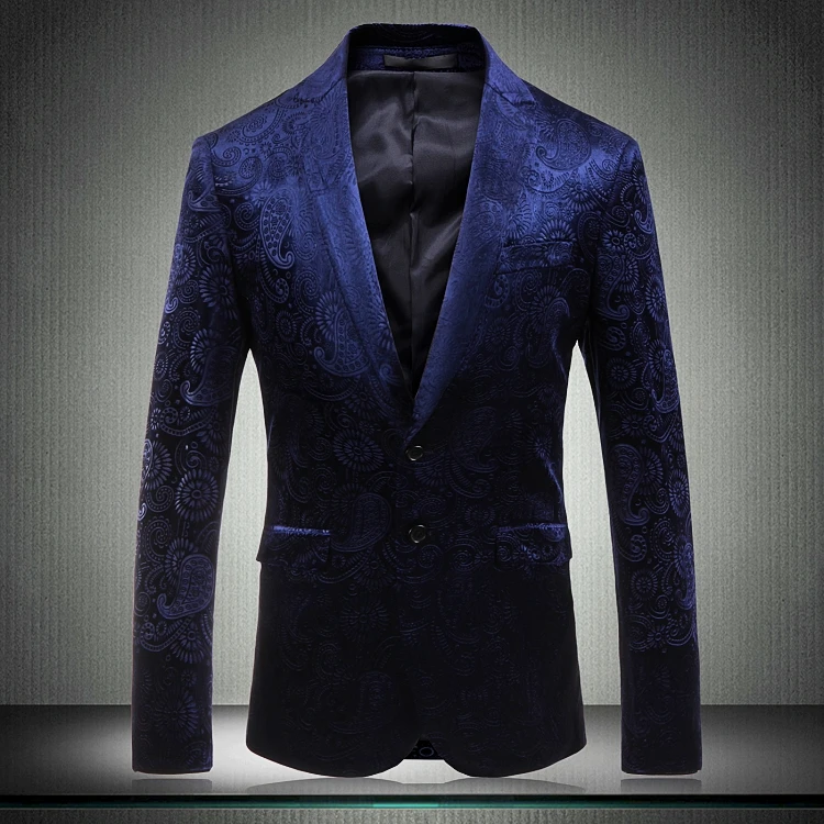 Осень-зима цветочный блейзер Для мужчин Slim Fit синий Блейзер Свадебный костюм куртка Повседневное пиджаки этап праздничная одежда M-3XL