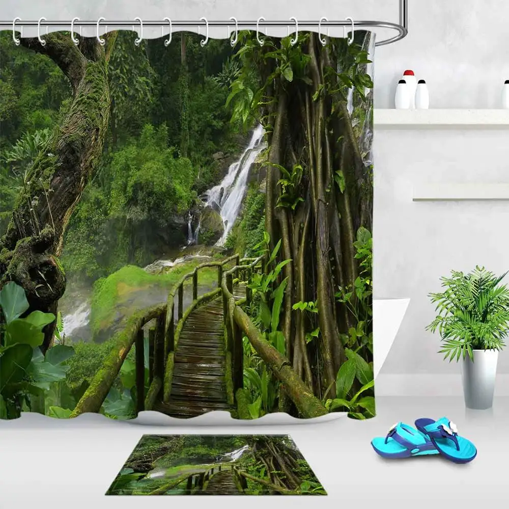 Curtain and mat set LB зеленый тропический лес деревянный мост занавеска для душа s ванная комната занавеска Природа Пейзаж Водонепроницаемый ткань для художественной ванной Декор - Цвет: Curtain and mat set