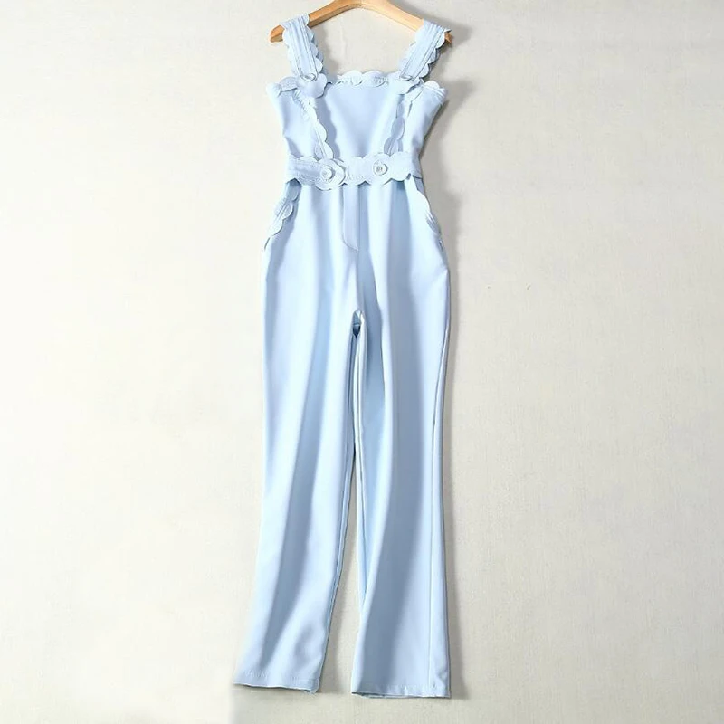 Женский комбинезон без рукавов TWOTWINSTYLE голубой повседневный с поясом Длинные