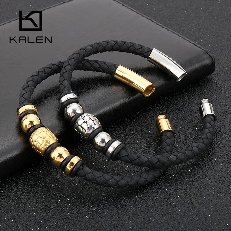 KALEN Boho Genuine Braied Leather Wrap Bracelet Men 21.5cm Stainless Steel Gold Black Beads Charm Wristband Male Jewelry | Украшения и
