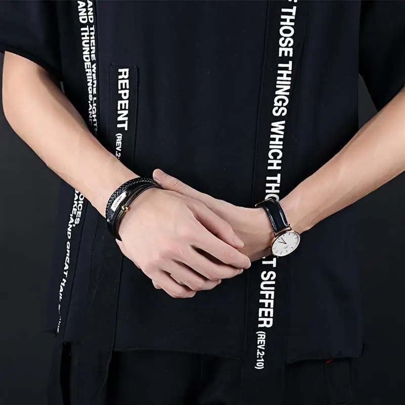 Jiayiqi Punk Genuine Leather Bracelets For Men Jewelry Stainless Steel Queen Bangle Braided Rope Chain Multilayer Wristband Gift | Украшения
