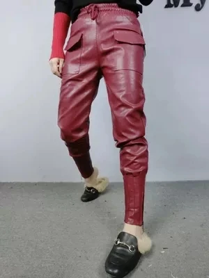 Женские шаровары из ПУ кожи с поясом свободного покроя|feet pants|pu leather pantsfashion harem pants |