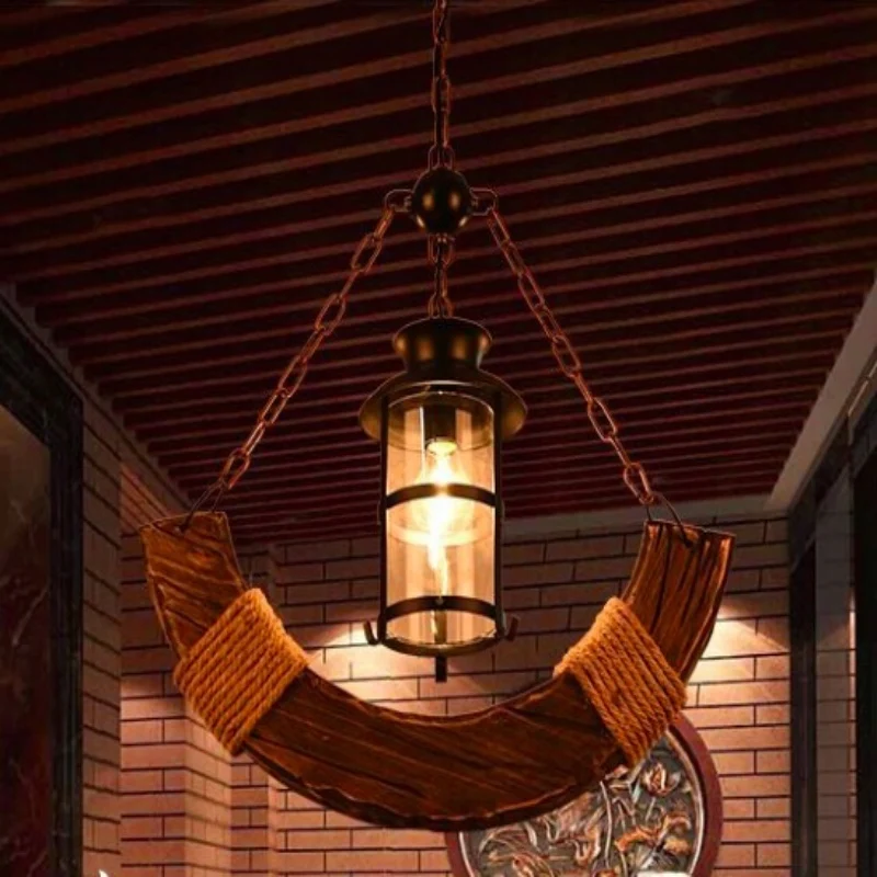 Ретро винтажный деревянный Якорь Дизайн Железный Led E27 цепь подвесной светильник
