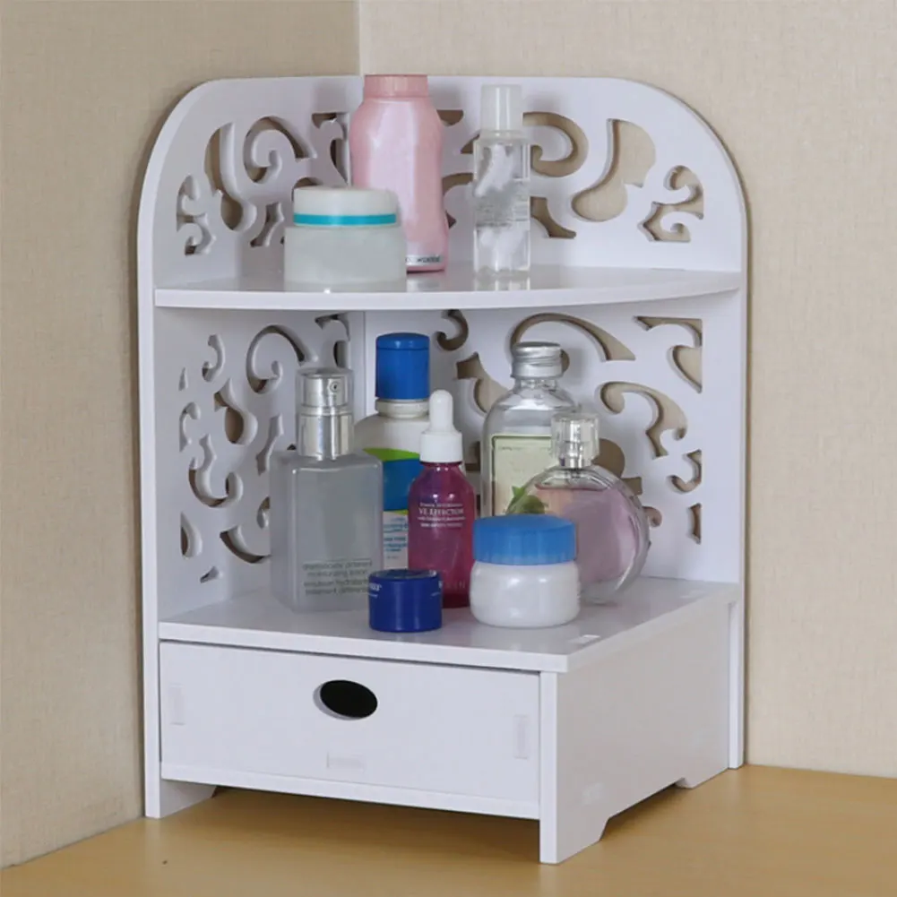 Three Styles Bathroom Storage Rack Bedroom Hollow Carving Design Dressing Table Shelf Desktop Corner Special Rack With Drawer