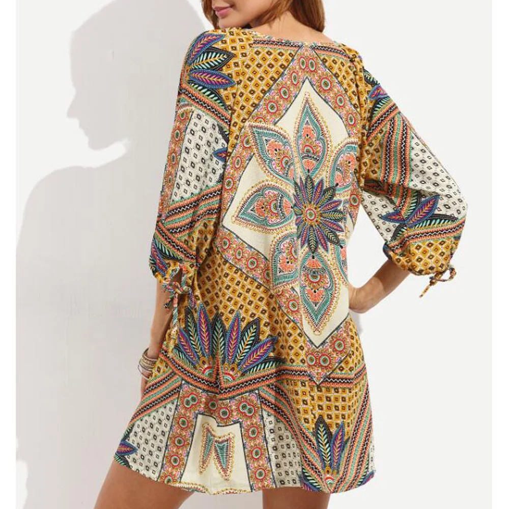 Винтаж Стиль этнический принт свободное платье Для женщин 3/4 рукавами Robe Femme 2019