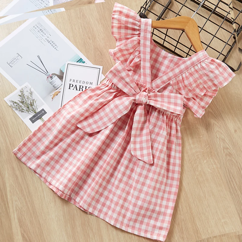 AX1031 pink Bear leader/платья для девочек коллекция года, летнее джинсовое платье для девочек летние хлопковые платья с короткими рукавами и открытыми плечами, с узелками, для детей возрастом от 3 до 7 лет - Цвет: AX1031 pink
