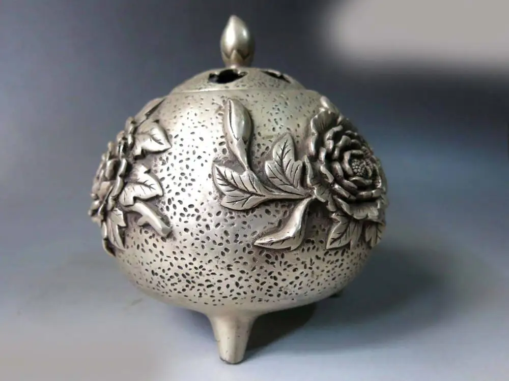 DS Китай серебро резные изысканные три Пион цветок курильница кадило Статуя | Дом