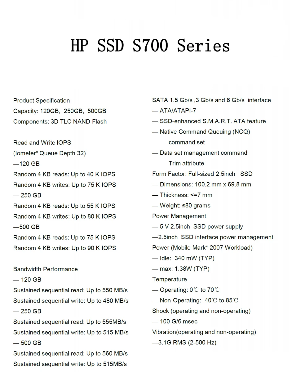 Внутренний твердотельный накопитель HP ssd 500 ГБ sata3 2.5 Жесткий диск HDD S700 550 МБ / с SATA III Sata 3.0 ssd 120 ГБ