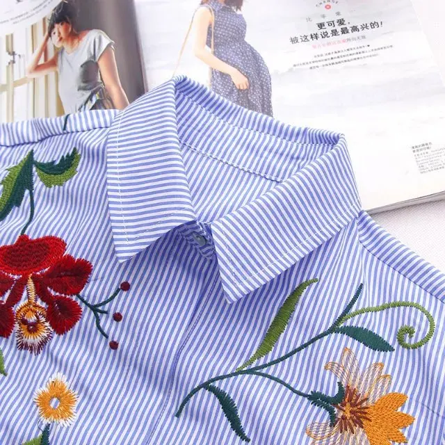 2017 Офис Синий Блузка Для Женщин С Длинным Рукавом Цветочные Рубашки отложной