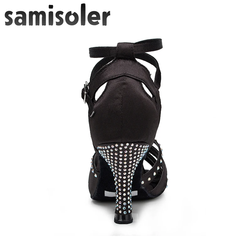 Samisoler Black New Cloth Collocation Shine Ribbons Ballroom Fashion Dance Women Latin Dance Competition Shoes