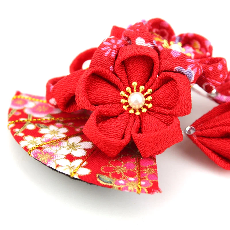 Японский стиль tsuami Kanzashi Розовый Красный кисточки Цветок сакуры веер кимоно аксессуар ручной работы заколка для волос HW002