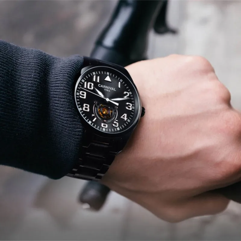 Ультратонкие автоматические часы топ бренд CARNIVAL Black Tourbillon механические из