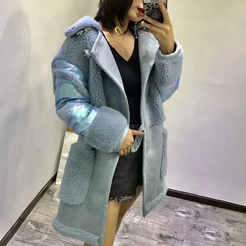 High quality wool blends coat real price new synthetic fur women winter patchwork duck down jacket thick warm female parka