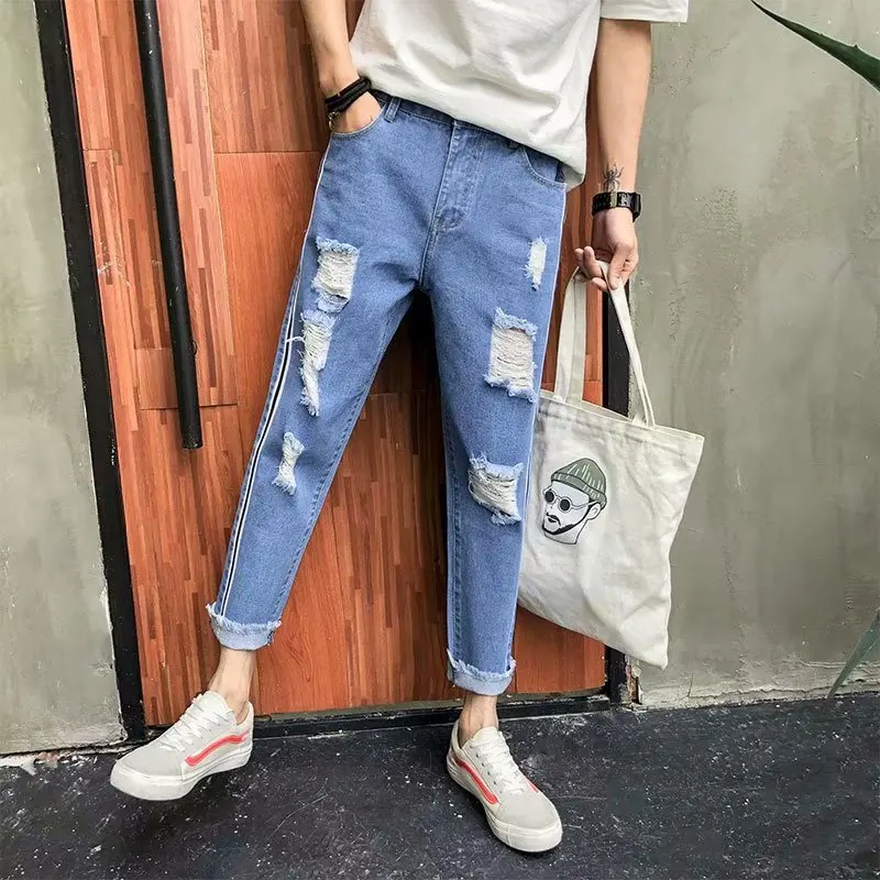 Девять штанов рваные джинсы тонкие обтягивающие штаны для мальчиков версия Han