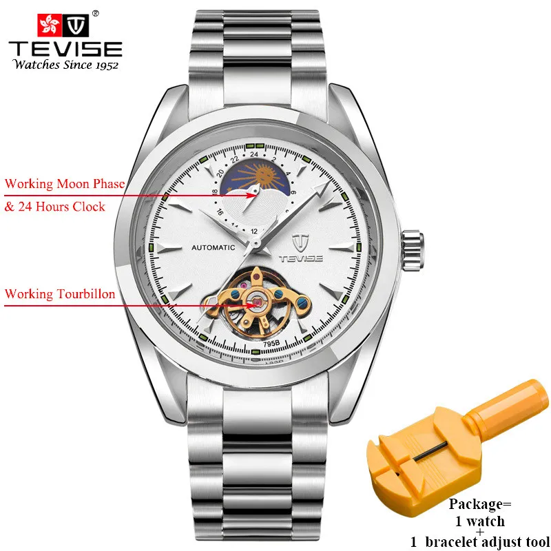 silver white Мужские автоматические наручные часы TEVISE из нержавеющей стали с турбийоном, автоматические механические часы 795 - Цвет: silver white