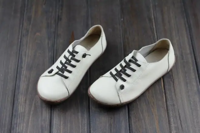 beige Женская обувь из натуральной коровьей кожи на плоской подошве, женские лоферы, повседневная обувь ручной работы в британском стиле, черная резиновая обувь с перекрестной шнуровкой, однотонная женская обувь на шнуровке - Цвет: beige