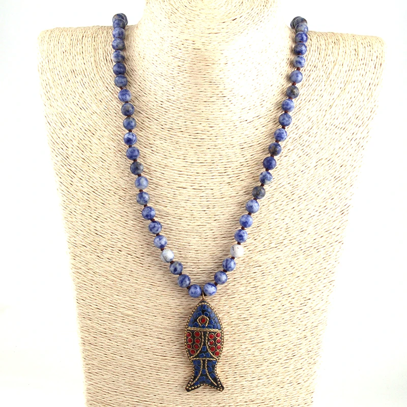 F Artisan Halsband длинный узел синий горошек Камни бусы ожерелья с рыбками