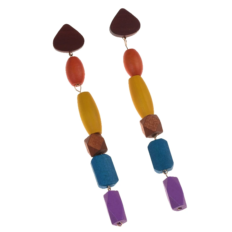 Богемные красочные деревянные длинные серьги с бусинами для женщин многослойные