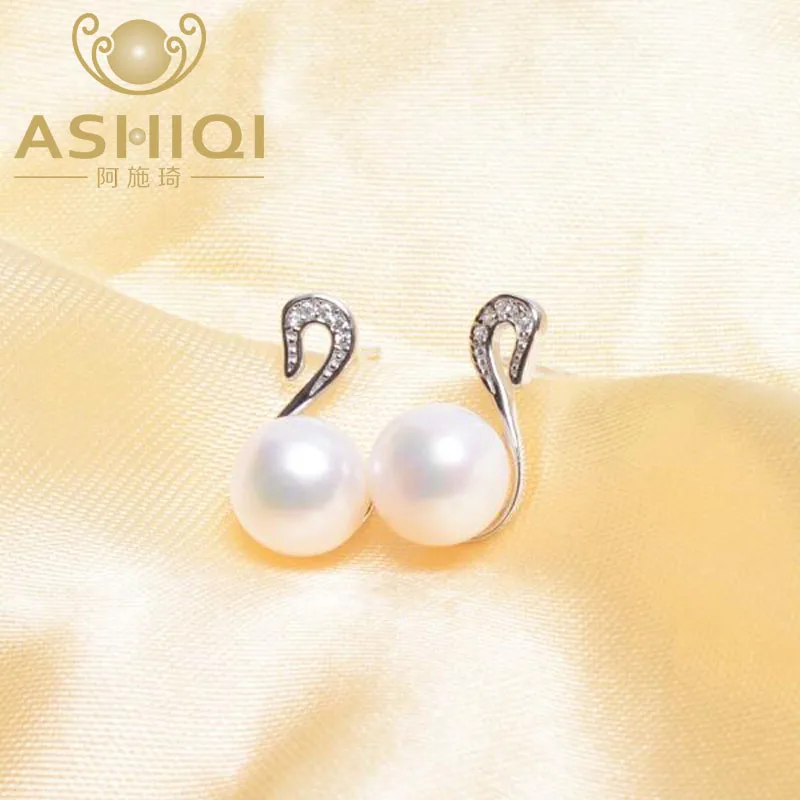 ASHIQI 925 Sterling Silver Black Swan Frewshwater Pearl Earrings White 7.5-8mm Natural Jewelry for women | Украшения и аксессуары
