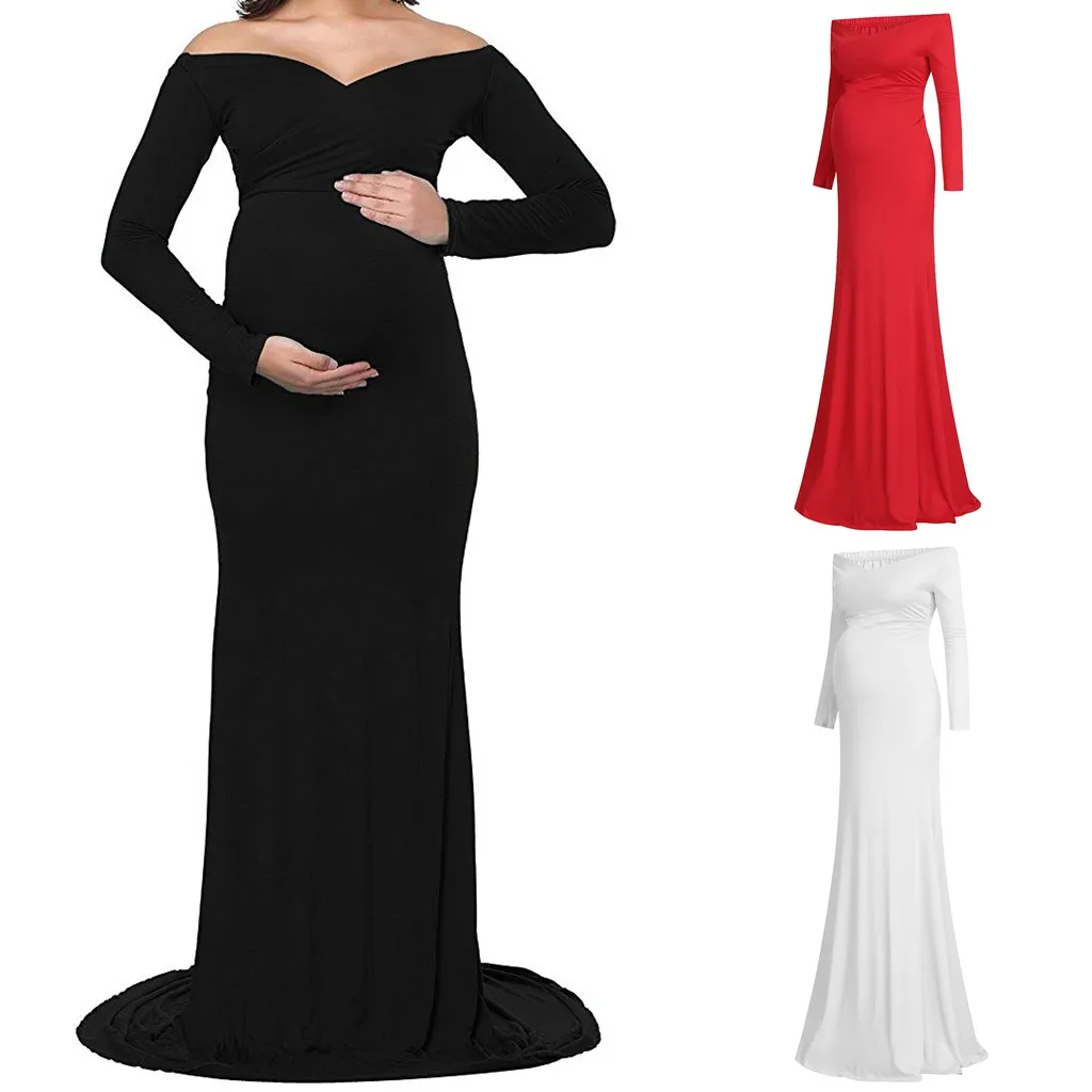 Pregnant women dress skirt autumn and winter long section of pregnancy 2019 large size word collar sleeve stretch mop | Мать и ребенок