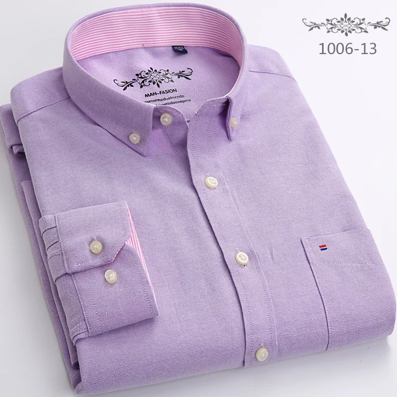 Purple Новинка весна осень Оксфорд мужские рубашки с длинным рукавом хлопок Повседневная рубашка сплошной плед camisa 5XL 6XL большой размер camisa social masculina - Цвет: Purple