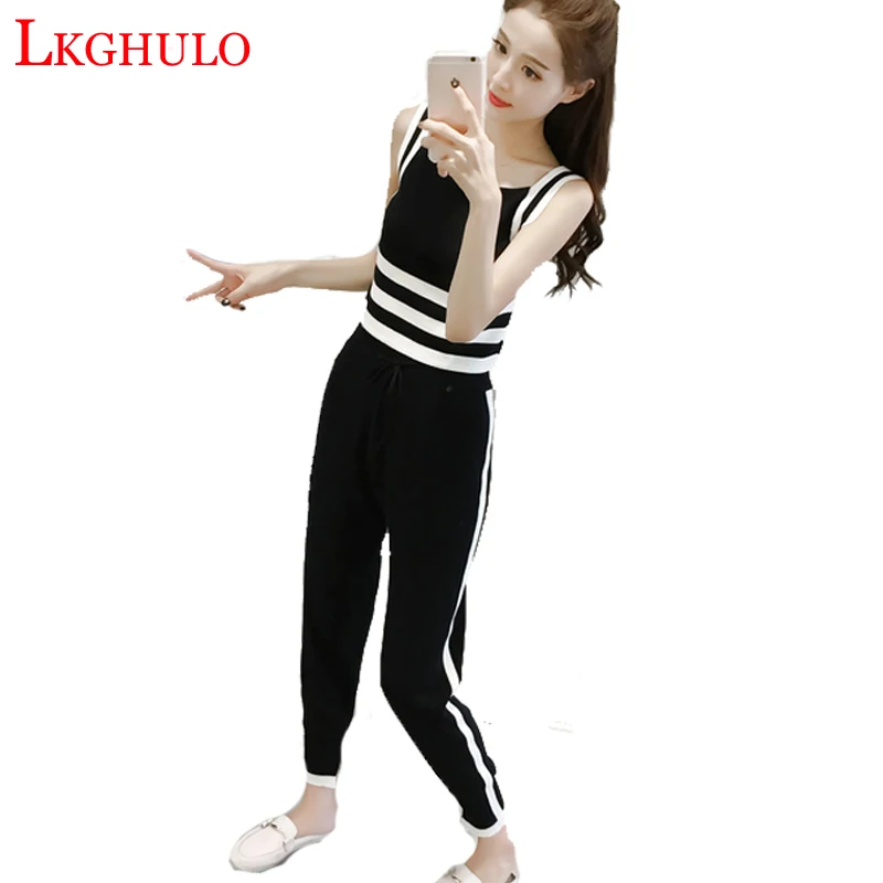 LKGHULO 2018 Two Piece Set Tracksuit Stripe Sexy Sleeveless Sweatsuits For Women Sets Cropped Survetement Femme military A687 | Женская