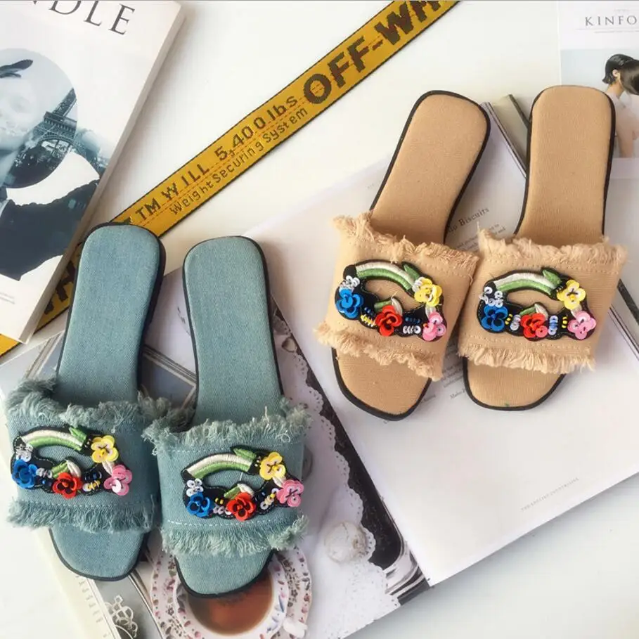 Красочные Блеск цветок джинсовые босоножки женская мода дизайнерские джинсы