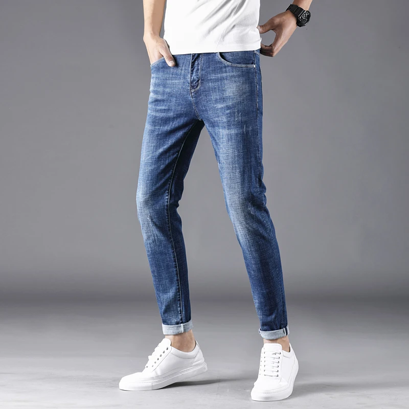 causal style straight fit stretch slub denim blue jeans pants trousers for men adults youth boys spring autum season |