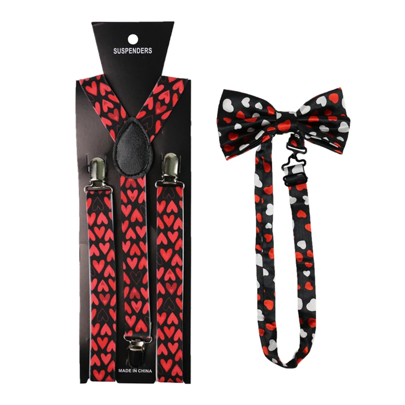 

2019 New Red Loving Heart Suspenders And Bowtie Set Clip-on Suspenders Bowtie Set For Men Women Elastic Y-Shape Back Braces