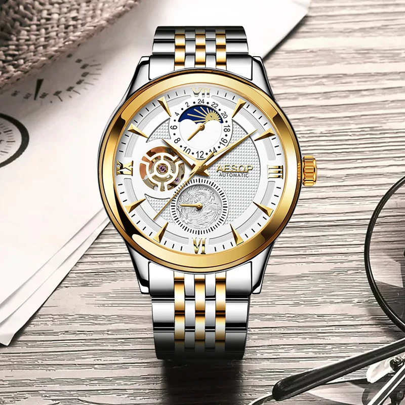Часы AESOP Moon Phase Мужские автоматические механические модные золотые наручные часы