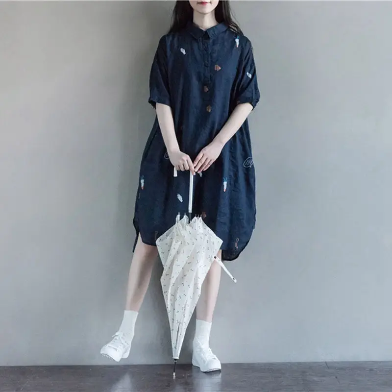 Летнее льняное платье рубашка с отложным воротником и рукавом до локтя|Женские