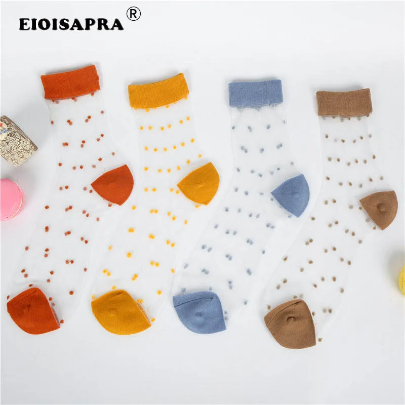 

[EIOISAPRA]Spring Summer Transparent Casual Heap Heap Socks Women Japanese Vintage Glass Silk Dot Thin Colorful Short Socks