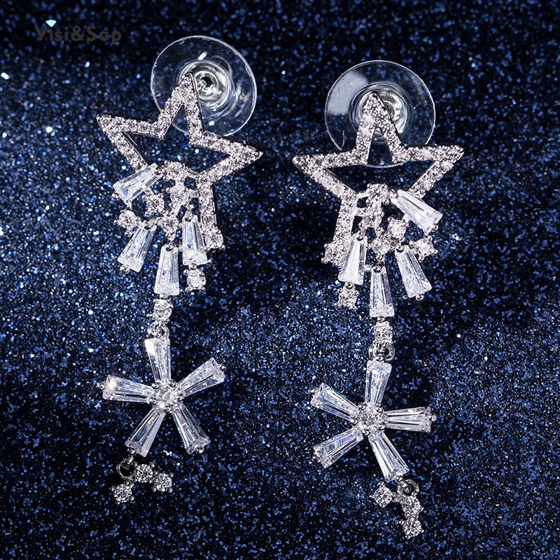 

Visisap Korean Pentagonal Star Earrings for Women Micro Inlaid Brilliant Zircon Eardrops Fashion Earring Jewelry Supplier EH029