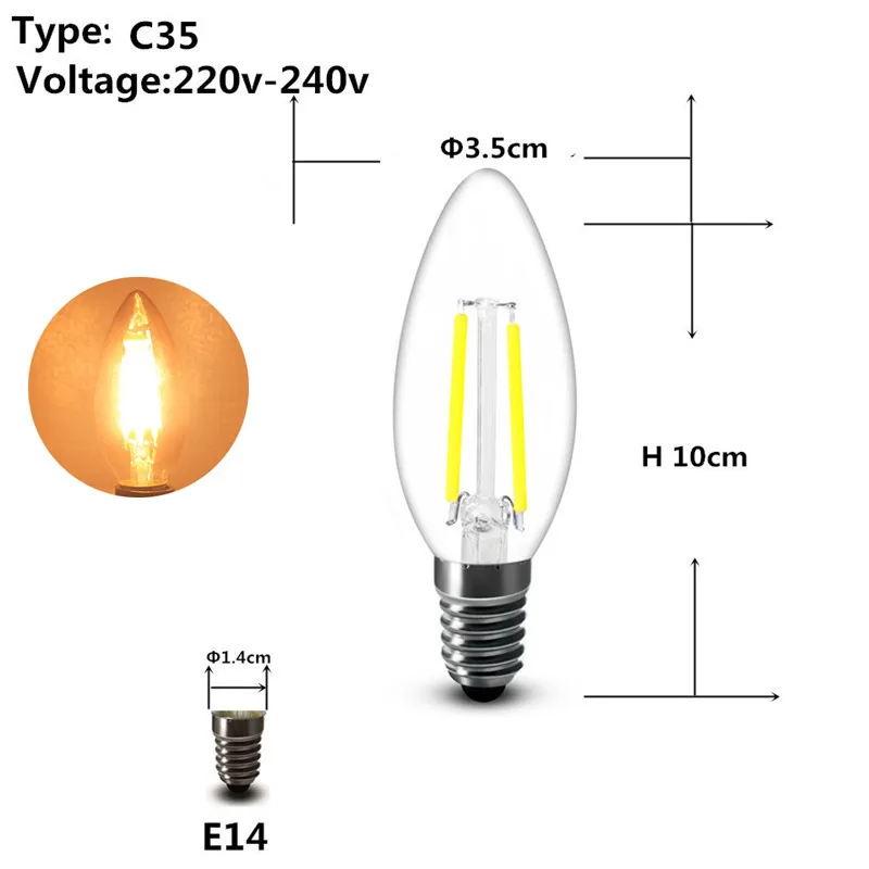 Clear c35 E14 2 Вт 4 Вт 6 Вт 8 Вт COB Светодиодный прожектор E27 E14 220 в 230 В A60 G45 C35 Глобус матовый fliament светодиодный шар лампа светильник лампа - Испускаемый цвет: Clear c35 E14