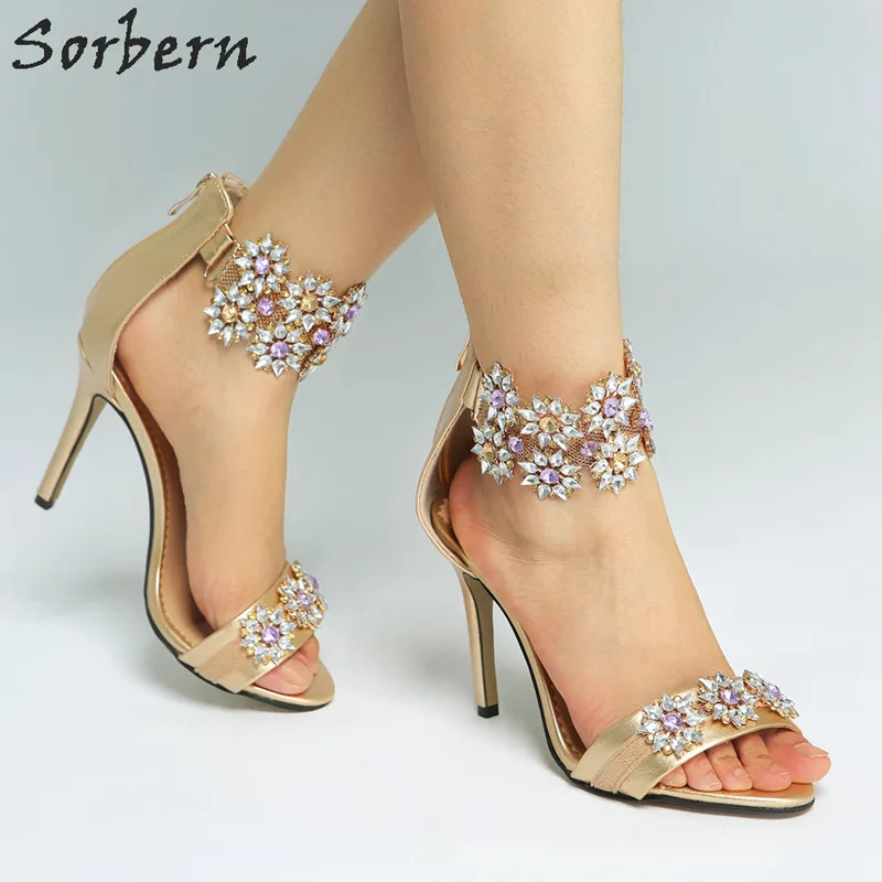 

Sorbern Light Gold Flower Crystals Kitten Heel Sandals Hot Fashion Summer Sale Size 12 Shoes Custom Big Size Sandals For Party