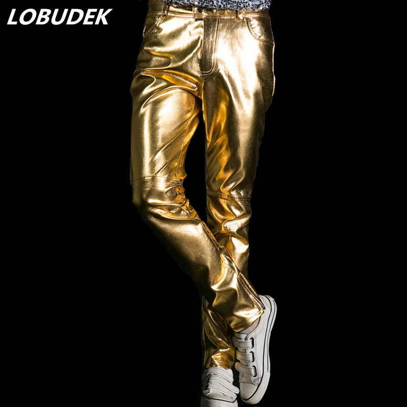 זהב כסוף עור מפוצל מכנסיים גאות זכר שלב תלבושות גברים פאנק רוק זינגר ביצועי תלבושת אופנה Slim ארוך מכנסיים מכנסיים