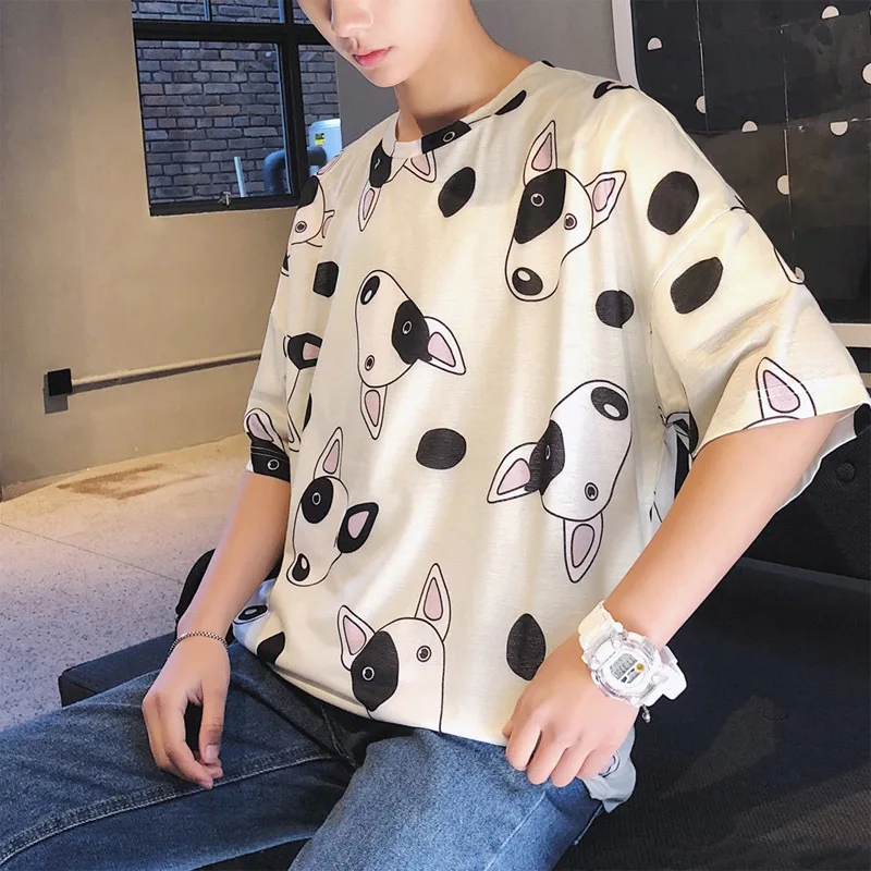 2019 Autumn New Korean Men's Quarter Clearance Half-sleeve Loose Student Short-sleeved Street Handsome Cartoon T-shirt | Мужская