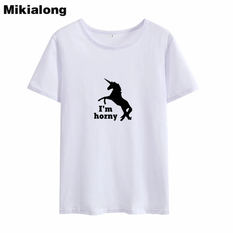 Mikilaong I'm Horny Unicorn женская футболка в стиле Харадзюку 2018 черная белая хлопковая